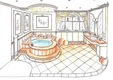 Badezimmer Interior Design - Badezimmer im französischen Stil
Traum Bad Interior Design Planung - Terracottaböden, Natursteinmosaik, eingelegte Messingschienen und Stucksäulen. Ein exakt komponiertes, stimmungsvolles Licht mit integriertem Sternenhimmel.