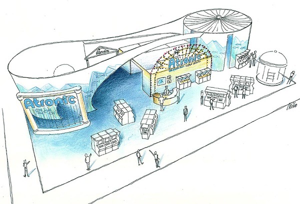 Messestand Architektur Design - Thema Atlantis - auf der G2 in Las Vegas
Casino Themen Messe Standbau - ein rund schwingendes Wandkonzept unterstützt durch Projektionen und Farbscheinwerfer transportiert die Illusion einer Unterwasserwelt.