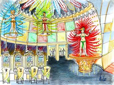Casino design concept development "lost world carneval" - themecasino equipment
Casino design planning - colourful theme equipment of a ''sinking epoch'' - caribbean elements and dancers on mobile stages - projections and fantastic light effects