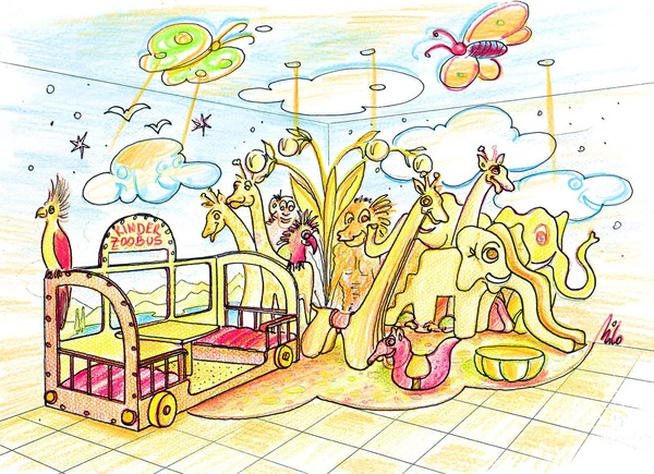 Kinder Spielräume bzw. Spielecke - für Kinder von 2 - 6 Jahren im Cafe Ullreich
Kleinkinder Spielplatz und Spielraum Design - der Designer Milo vom Innenarchitekturbüro Kunst & Ideen plante und errichtete diese Spielecke als Erlebniszentrum für ein Café in Pinkafeld, Österreich.