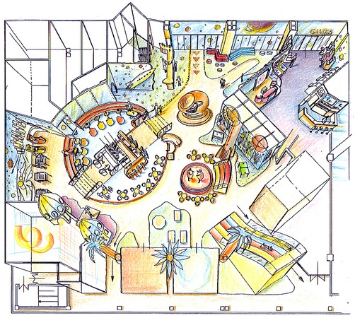 Kinder Indoor Spielplatz Design - Grundriß des Kinder Entertainment Bereich
Kinder Indoor Spielraum bzw. Spielhallen Planung und Design - aus der Vogelperspektive sind die einzelnen Aktionsbereiche für die Jungendlichen deutlich sichtbar. Die Spielgeräte sind in Gruppen zusammengefasst. Der Kinder Spielplatz teilt sich in den körperbetonten Spielbereich und den animierten Computerspielbereich.