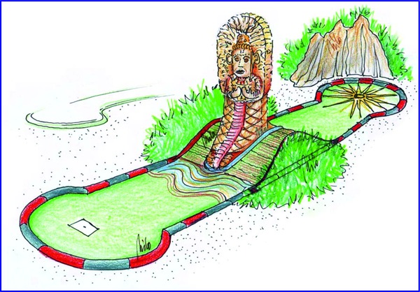 Adventure Themen Minigolf Design Planung für eine große Anlage in Deutschland
Adventure Themen Minigolf Design Planung - hier ein dekoratives Element des Projektes, um das die Adventure Minigolf Bahn herum gebaut wird - zusätzlich werden die einzelnen Bahnen liebevoll in die Natur eingebettet. Natürlich beginnen abends alle Themen besonders zu leben, denn die 3D Figuren werden mit tollen Lichteffekten und abwechselnden Sound unterstützt. Alexander Milos Spezialität - spannende Abenteuer Adventure Minigolf Platz Design Planung und Ausstattungen