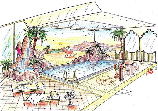 Villa indoor wellness swimming pool design - in arabian style in a privat house
Villa indoor wellness swimming pool design - artificial rocks and a water source renewing the bathing water. Wall paintings and a ornamental marble sand floor. Stylish bath furnitures rounds up the equipment.  Privat wellness and bath planning design