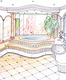 Luxury mansion spa bath oasis interior design
 Villa spa wellness and bath room interior design and planning - whirlpool with colums, lightsky with many romatic lightemotions