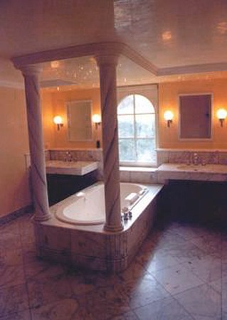 Dream wellness bath interior design - romantic deluxe bathroom in tuscany style
wellness and bath interior design - stucco columns and a starry night sky ceiling form the central oasis. Two wash basins, situated left and right of the bathtub, a shower cabin and space for useful things form a well composed picture.