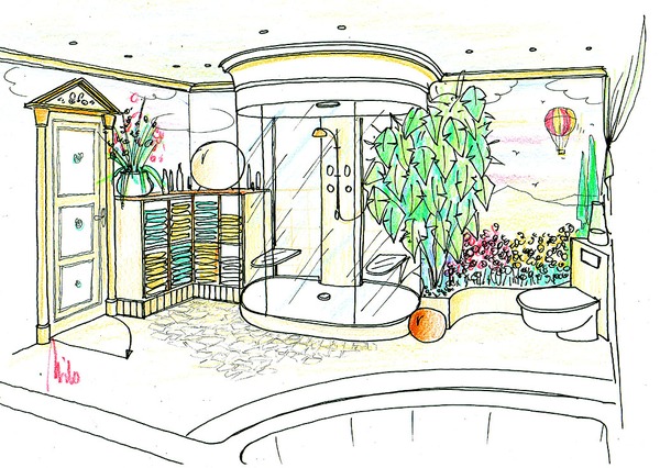 Dream wellness bath interior design planning - shower area of the romantic bath
Dream wellness bath interior design planning - view of the other side of the romantic, privat bath area.