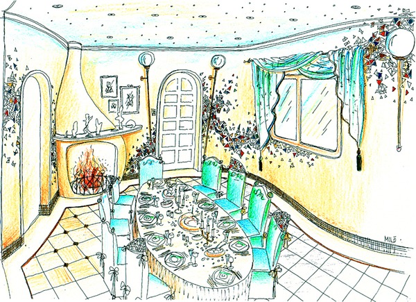 Dining room interior design by Milo in the style of Gaudi
Spanish dream beach villa - interior design and planning for a beautiful project. Milo´s dining room design - curving, hand masoned, round-bodied forms decorated with ceramic fragments, and moreover adding and implementing numerous charming details following the Spanish architect Gaudi.