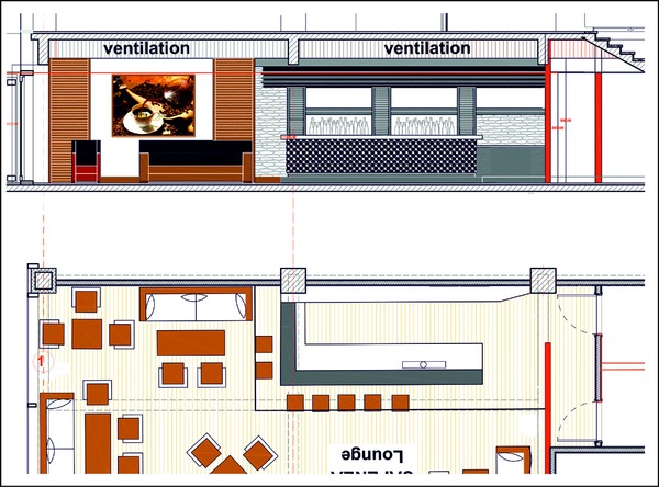 Themen gastronomy design planning - techn. plan drawing of the new coffee bar
 Themen gastronomy design planning - here the view of the cafe bar - with the appropriate wall design - that all equipment elements fit harmoniously together.