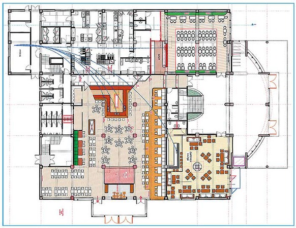 Theme restaurant design planning - here the groundfloor plan for the music pub area
Theme restaurant design planning -  music pub area - with several space platforms and the stage. A multifunctional modern gastro pub for more than 200 guests