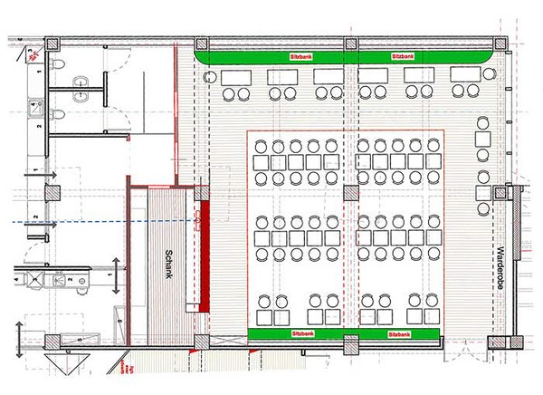 Themen gastronomy design planing - groundfloor plan of the bistro
Themen gastronomy design planning - ground plan of the bistro area - each with high benches (green) on the walls, in the middle cozy bistro tables and chairs.