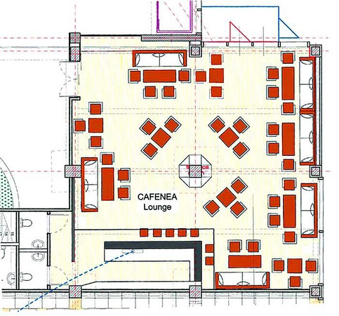 Themen gastronomy design planning - floor plan for the elegant cafe.
Themen gastronomy design planning - eycatcher of the elegant coffee house is in the center around a support column - a fireplace, which is open to all sides. Classic but modern leather furniture give the coffee its characteristic flavor.