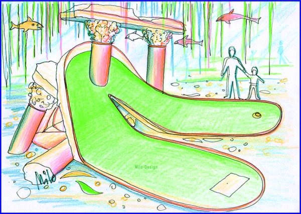 Adventure 3D theme minigolf  -  planning and equipment design
Adventure Minigolf  3D ''Atlantis'' design - planning and equipment - we are currently planning a themed mini-golf course with the name ''Atlantis''. The walls are blue and enlivened with water / fish projections - 3D animated objects with great body + light + sound effects - create a great atmosphere