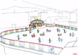 Outdoor ice skating on synthetic floor - attractive interior design planning and equipment with an umbrella sports bar in a ski resort