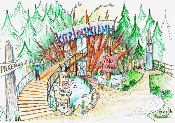 Adventure trail design concept planning Kitzloch Klamm - with a 2nd variante of the entrance area
Theme walking trail planning design - here a rustic alternative entrance range that  is to show the wide range of adventure trail Kitzloch gorge.