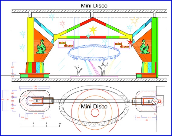 Kids Children's playground hall planning and design - the Cashier
Kids Children indoor playground design and planning - visually inviting children playground cashier. A colorful umbrella with integrated LED - light games and is positioned over the cashier office.