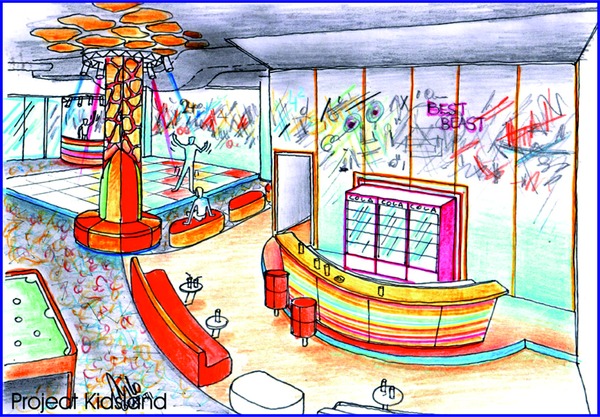 Kidsland and teensclub design and planning - teens bar and disco
Teens Club Design and planning for 8 - 15 year old children in the Pallas Mall in Iasi - metallic design walls + Grafitti Wall Design, an LED bar and refrigerator used than back wall for the bar. A light dance platform as the center of the disco. The space columns were used as carrier for the disco lighting.