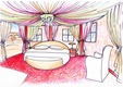 Romantic hotel room design + planning for a theme hotel
 Romantic theme hotel room design and planning - here is a variant of an ''yurt''' with many textile elements, a cozy oval bed and many oriental accessories and attributes
