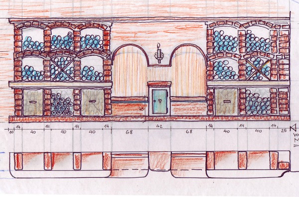 Wine cellar walldetail design planning by Milo
Wine cellar wall design for storing wine bottles - detailed sketch with a small table and 2 seats - design planning by Milo